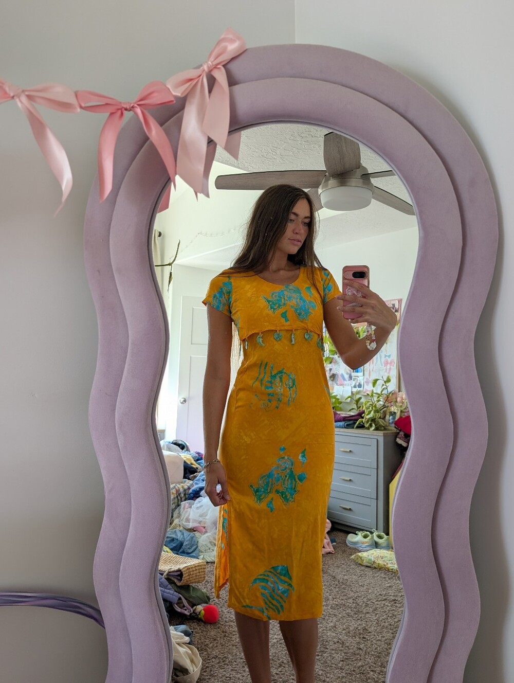Tropical Hawaiian Yellow Floral Midi Dress with Blue Print Size XS
